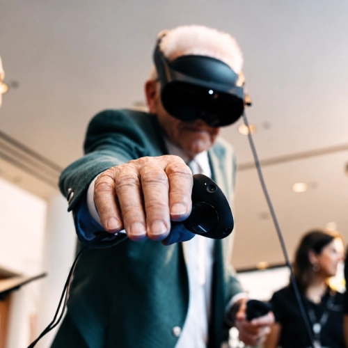 User engaging with an immersive 3D product experience using an advanced XR headset.