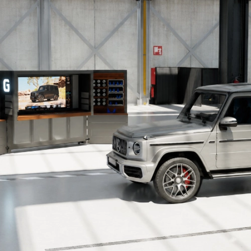 Interactive point of sale display showing a real-time 3D car configuration project from our team's automotive track record.