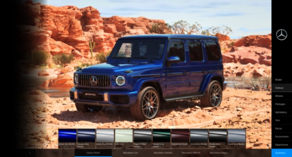 Realtime 3D vehicle configurator interface for Mercedes-Benz G-Class powered by Unreal Engine.
