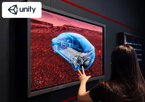 Unity engine platform card demonstrating interactive 3D and XR applications across platforms.
