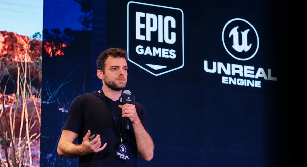 Firehorse Studio team member speaking on stage at an official Epic Games and Unreal Engine keynote event.